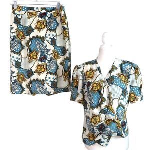 Vintage 80s SILK Skirt Suit Nautical Polka Dot Pearl Buttons small